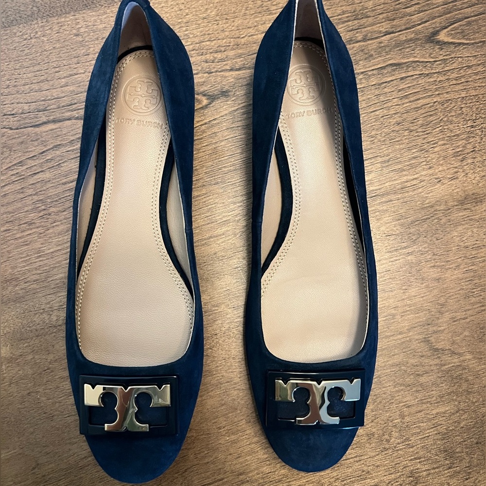 Tory Burch Navy Suede Logo Pump Flats
